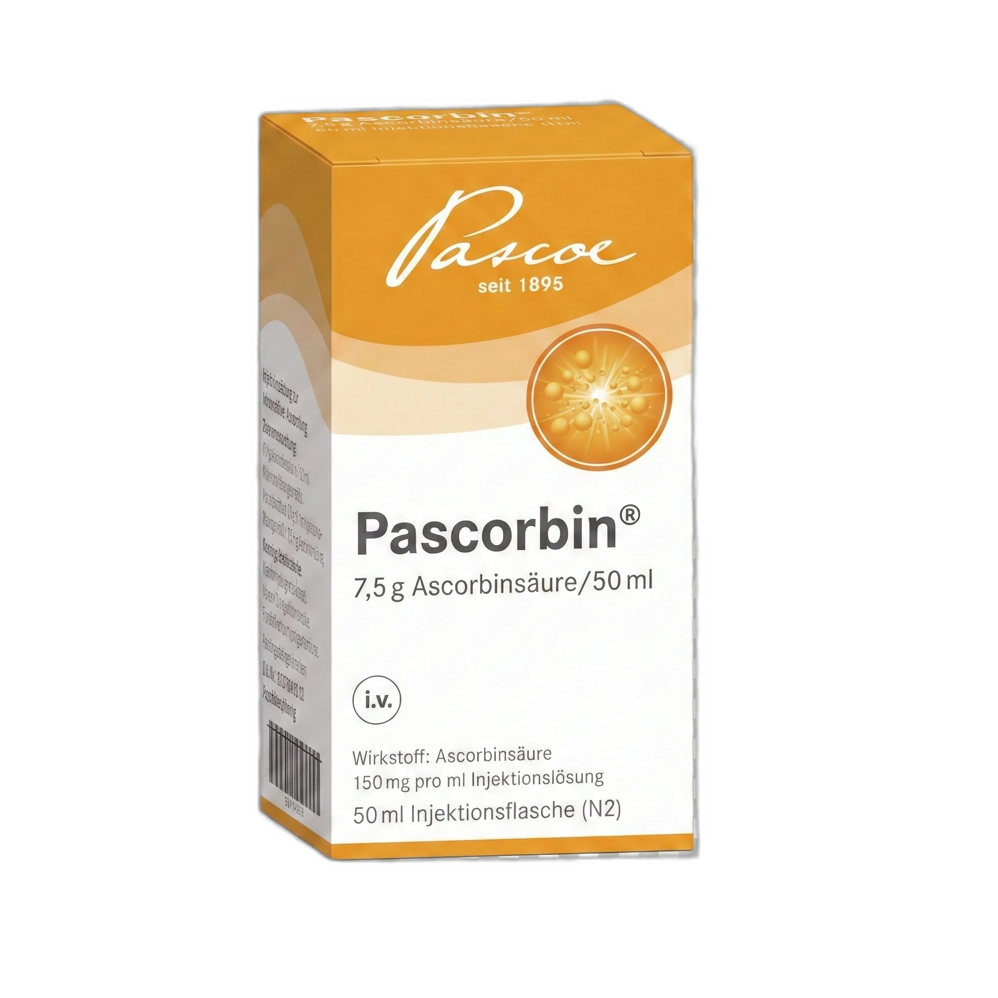 Pascorbin 7500 мг — упаковка високодозованого вітаміну C для внутрішньовенних інфузій від Pascoe Німеччина